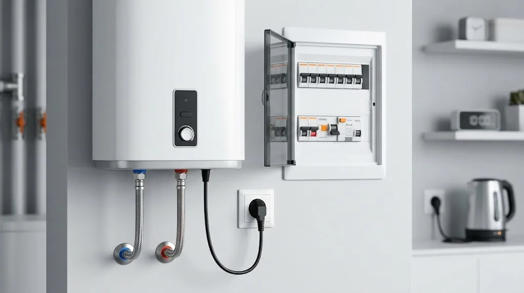 Calentador blanco junto a cuadro eléctrico abierto, enchufado en cocina moderna con hervidor y estantes grises.