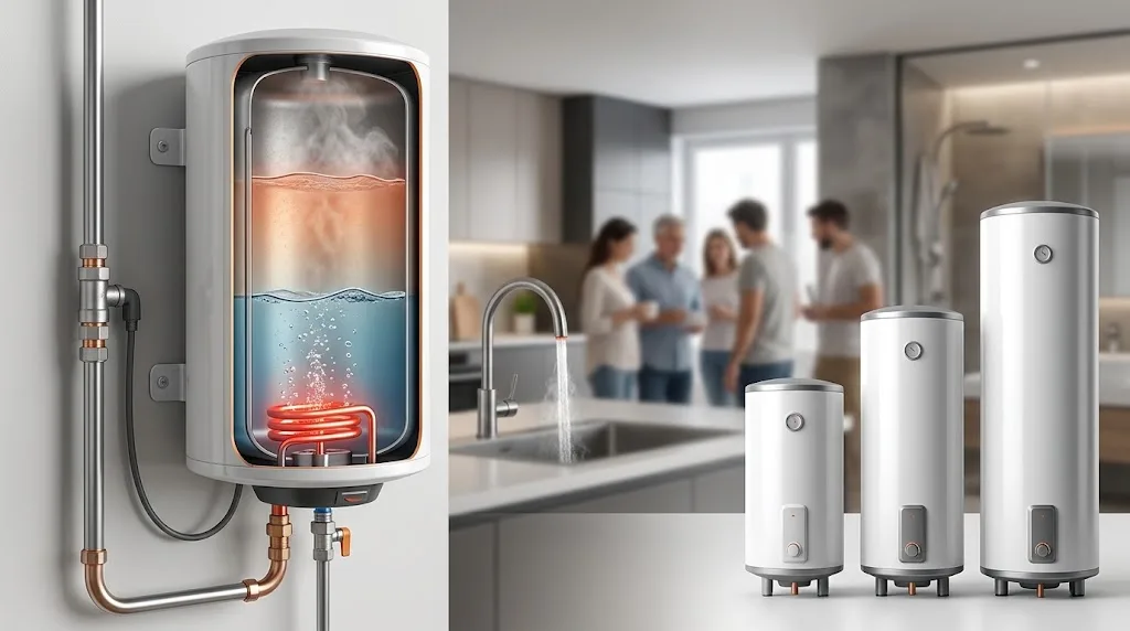 Calentador de agua blanco en corte, con vapor y agua en capas; en cocina moderna, familia desenfocada junto al fregadero.