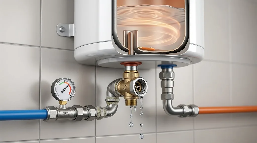 Calentador de agua con válvula goteando y manómetro, tuberías azul y naranja sobre pared de azulejos, aspecto técnico.