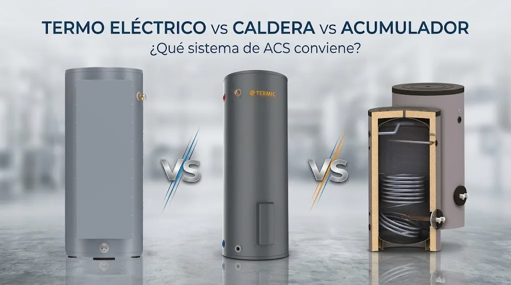 Infografía de termo eléctrico, caldera y acumulador comparados; fondo gris, texto TERMO ELÉCTRICO vs CALDERA vs ACUMULADOR, estilo técnico.