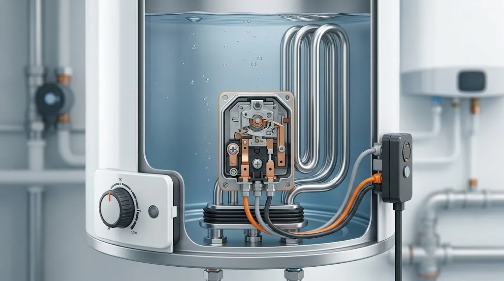 Interior de un calentador de agua con serpentín, termostato y cables; tuberías metálicas y fondo industrial gris.